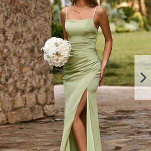 Dusty sage Satin Prom/bridesmaid style w/ slit